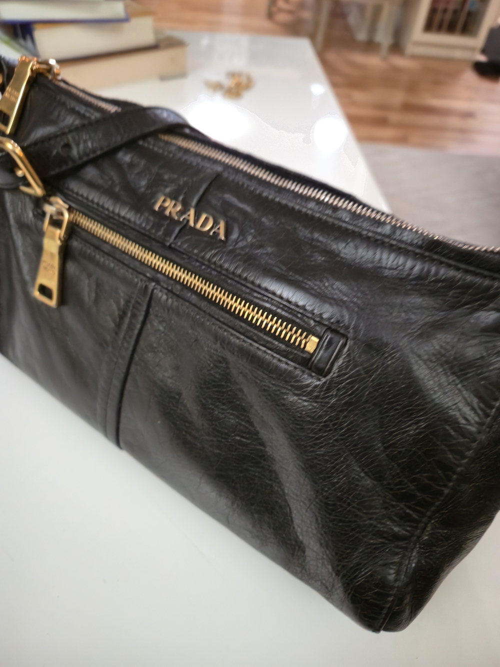 PRADA Dark Blue/Black Leather Shoulder Bag with Gold Hardware - Picture 3 of 17